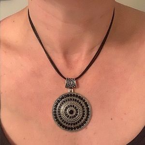 🦚Pick 2/$12- Black Leather Necklace with Silver and Black Accented Pendant